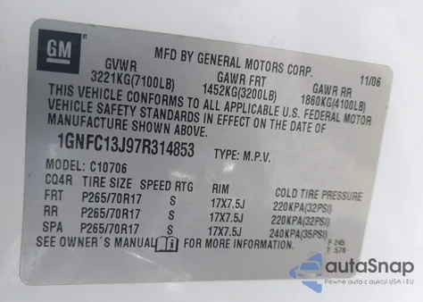 2007 Chevrolet Tahoe Lt z USA, uszkodzony, nr VIN 1GNFC13J97R314853